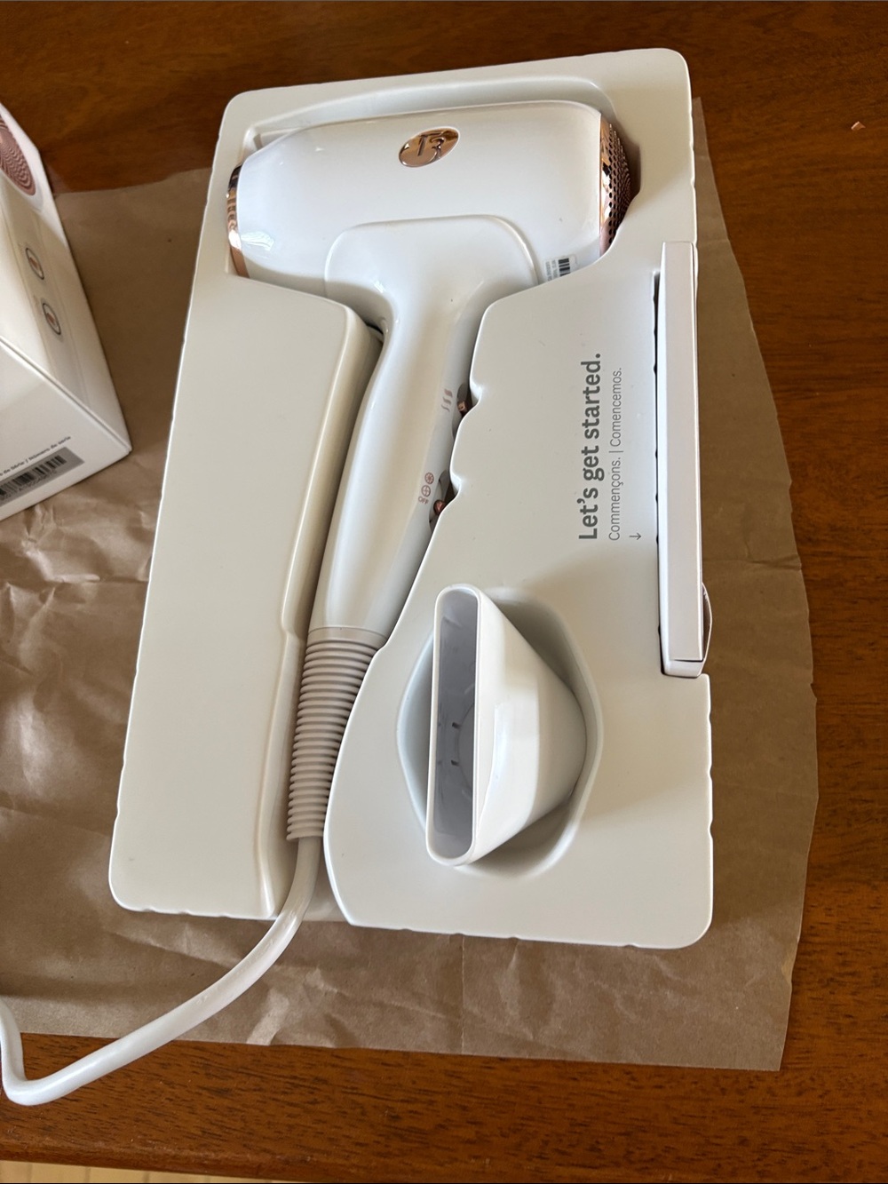 T3 White Hair Dryer with Rose Gold Accents and Removable Nozzle